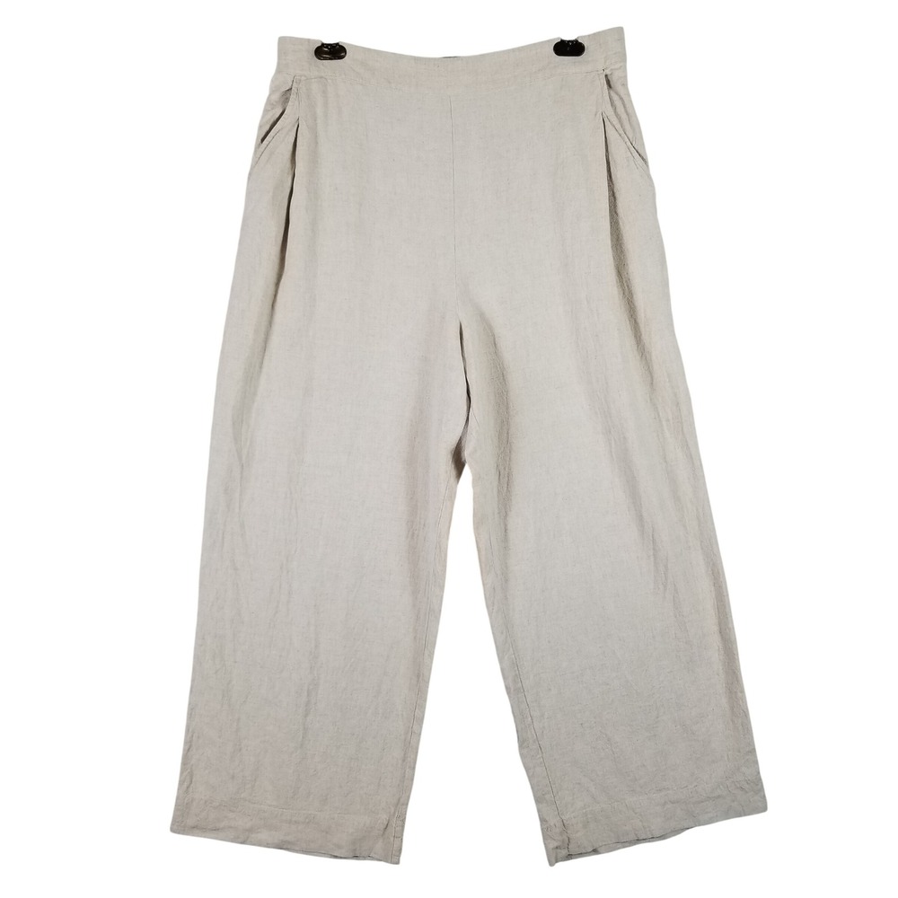 Madewell Linen Blend Wide Leg Cropped Pants Beige Oatmeal Size 14 Elastic Back‎